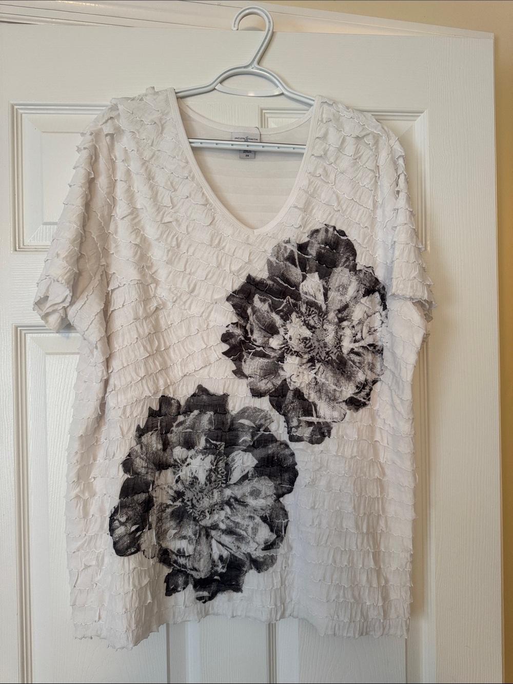 Jaclyn Smith White Short-Sleeve Ruffle Top with Black Floral Accents